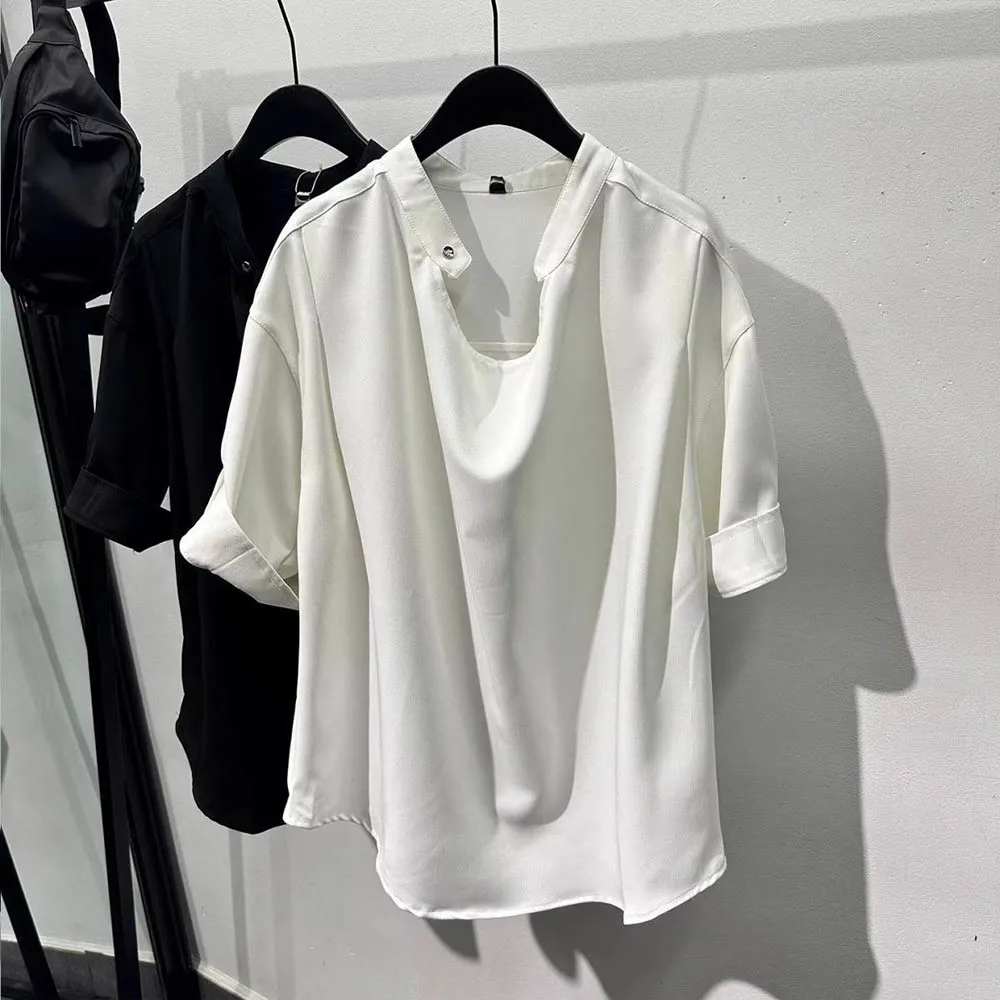 

Мужская футболка с воротником-стойкой, простая повседневная футболка, летняя уличная одежда, модный молодежный нишевый топ с короткими рукавами, мужская одежда, новинка 2023 года