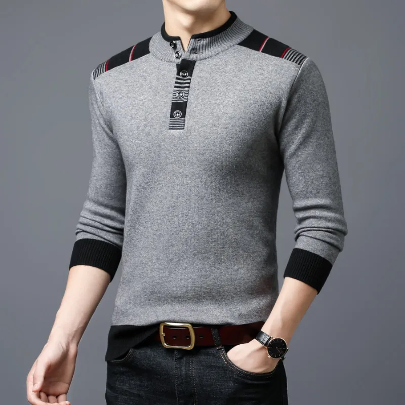 Autumn and Winter New Men's Knitwear Button Business Casual Sweater Slim Fit Warm Men's Half High Collar Contrast Pullover