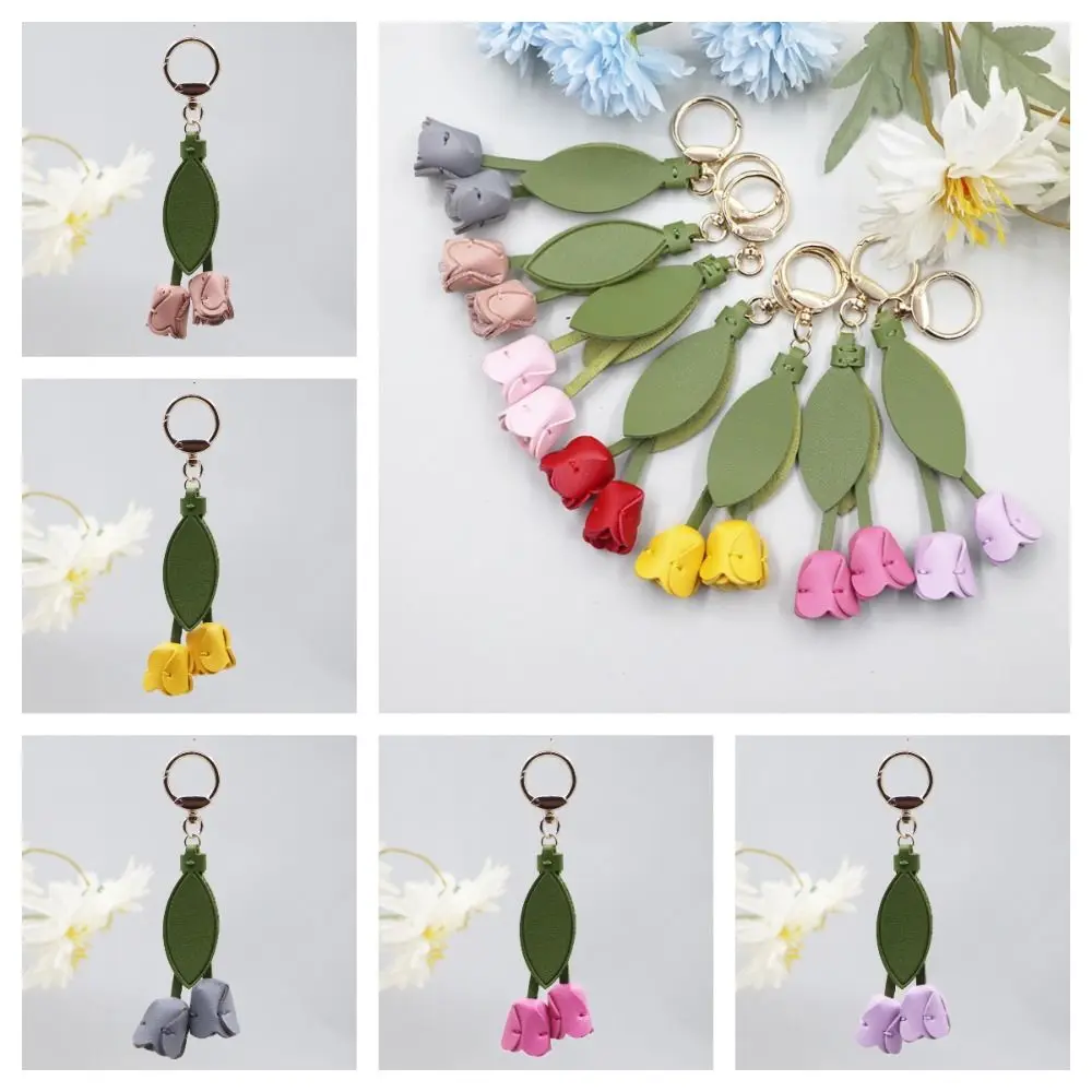 Cute Sweet Tulip Bag Pendant PU Leather Korean Style Fresh Backpack Decoration Bag Charms Dopamine Car Key Chains Gift