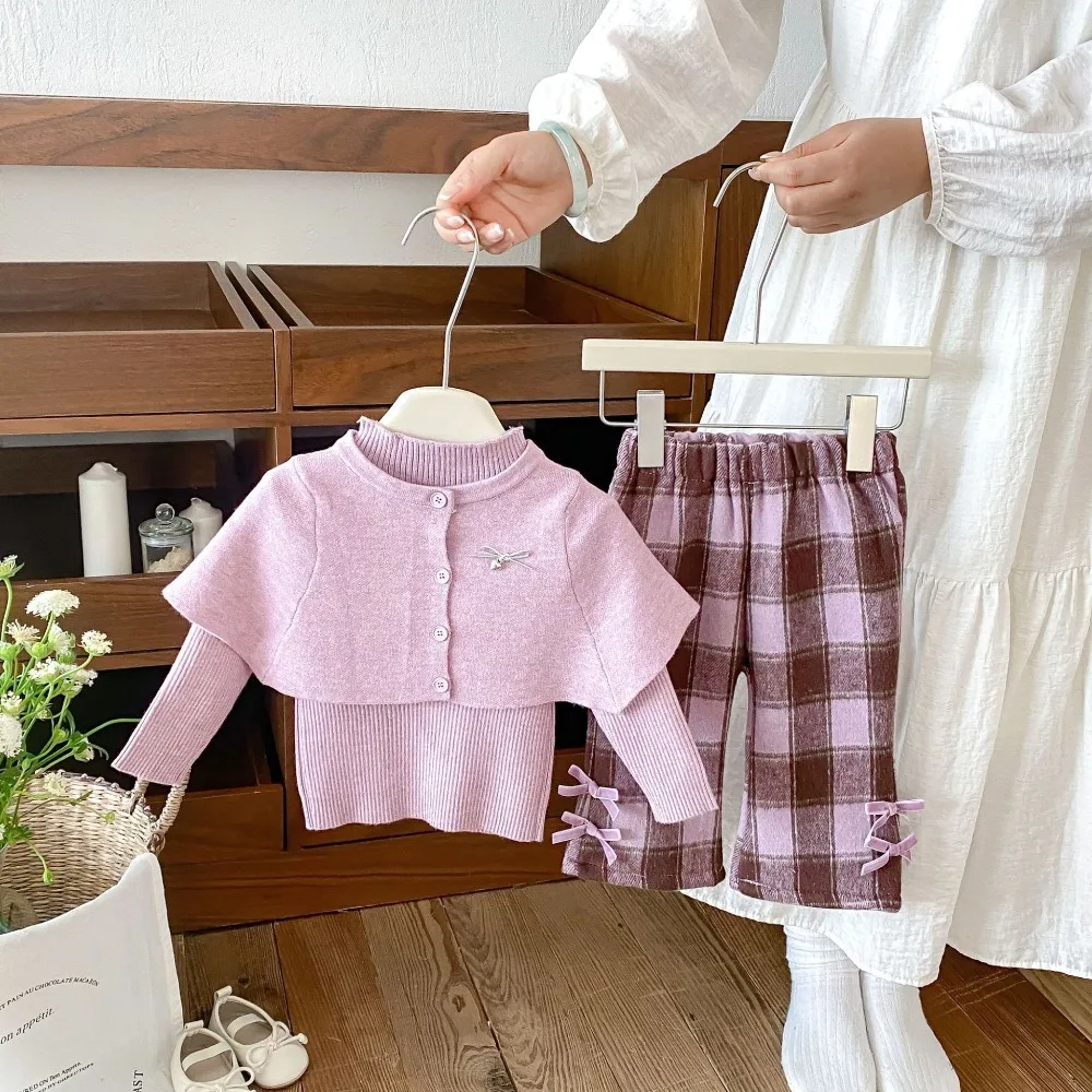 2026 New Autumn 3 Pcs Outfit For Girls, Stylish Cape Sweater Basic Top With Bow Decor Plaid Casual Pants Kids Clothes Set
