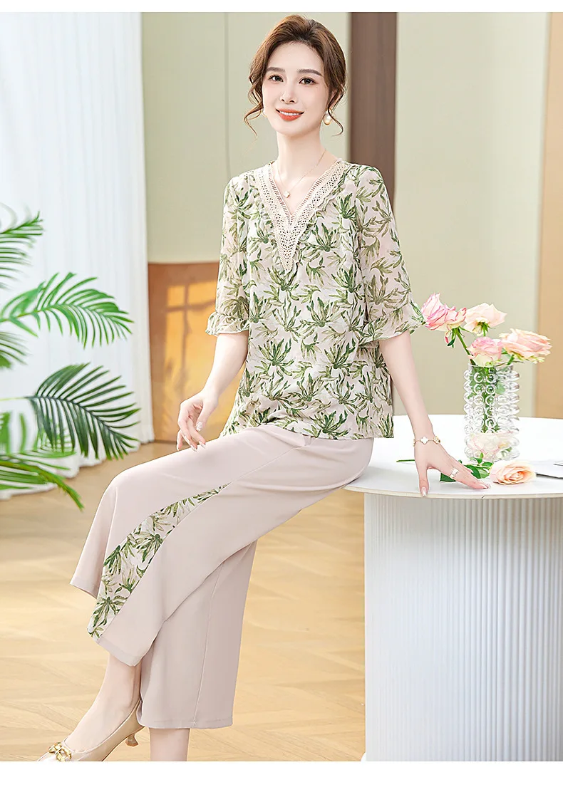 Elegant 2-Piece Sets For Women XL-5XL Thin Printed Summer Short Sleeve Shirt Pants Sets Middle Aged Mother Outfit Grandma Suit