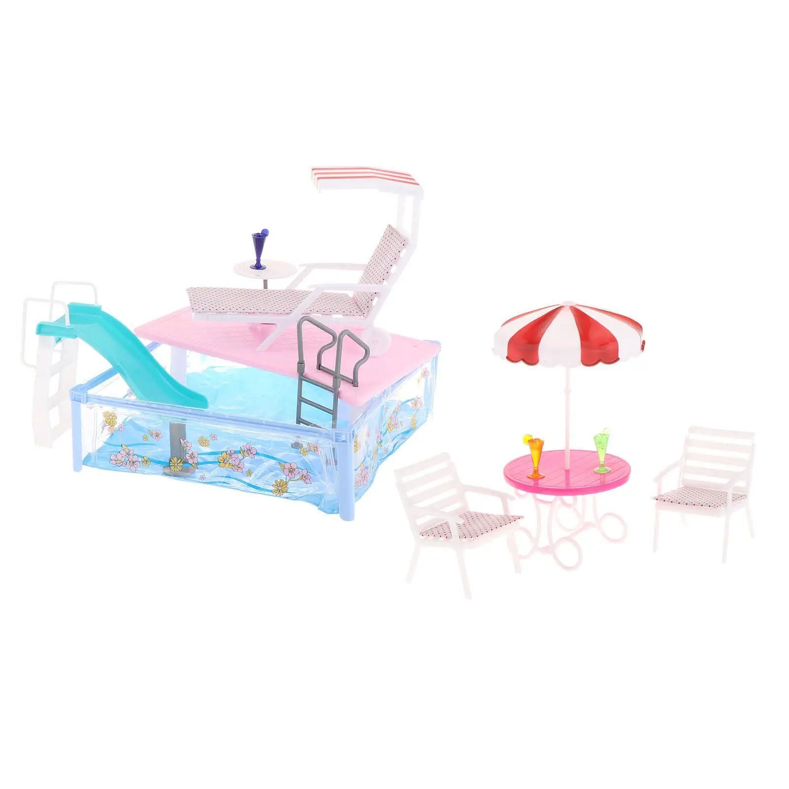 

Pool Playset with Slide, Beach Umbrella and Chair Birthday Gifts Glam Pool Doll Pool Accessories for Dolls up to 11.81 inch Kids