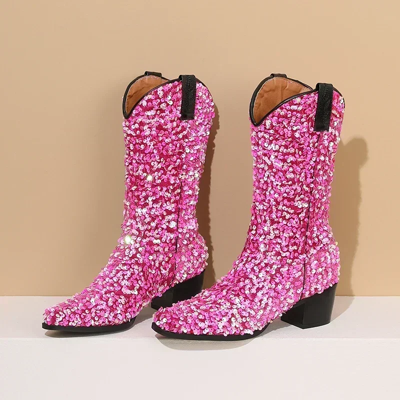 Bottes de cowgirl à enfiler mi-mollet pour femmes, bottes occidentales à paillettes, talons hauts et carrés, parka pointue, demi-bottes, or, rose, bleu, violet, bling