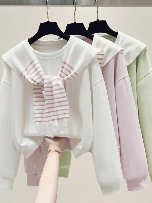 

Early Autumn Korean Striped Shoulder Hoodie Women's Loose Short Two-Piece Design Small-Bodied Top Sweet Style Long Sleeve rou...