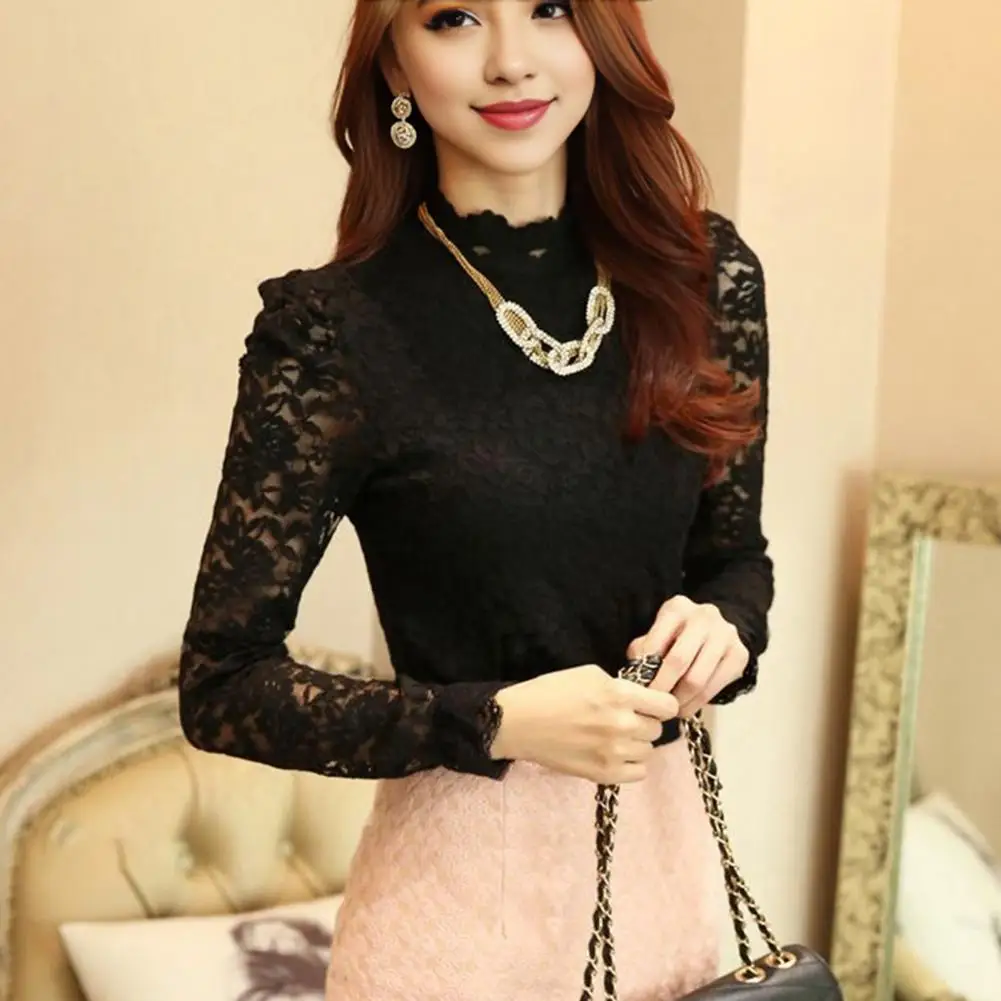 Lace Trim Women Top Slim Fit Stand-up Collar Shirt Elegant Lace Spliced Stand Collar Women's Pullover Top with Slim for Women