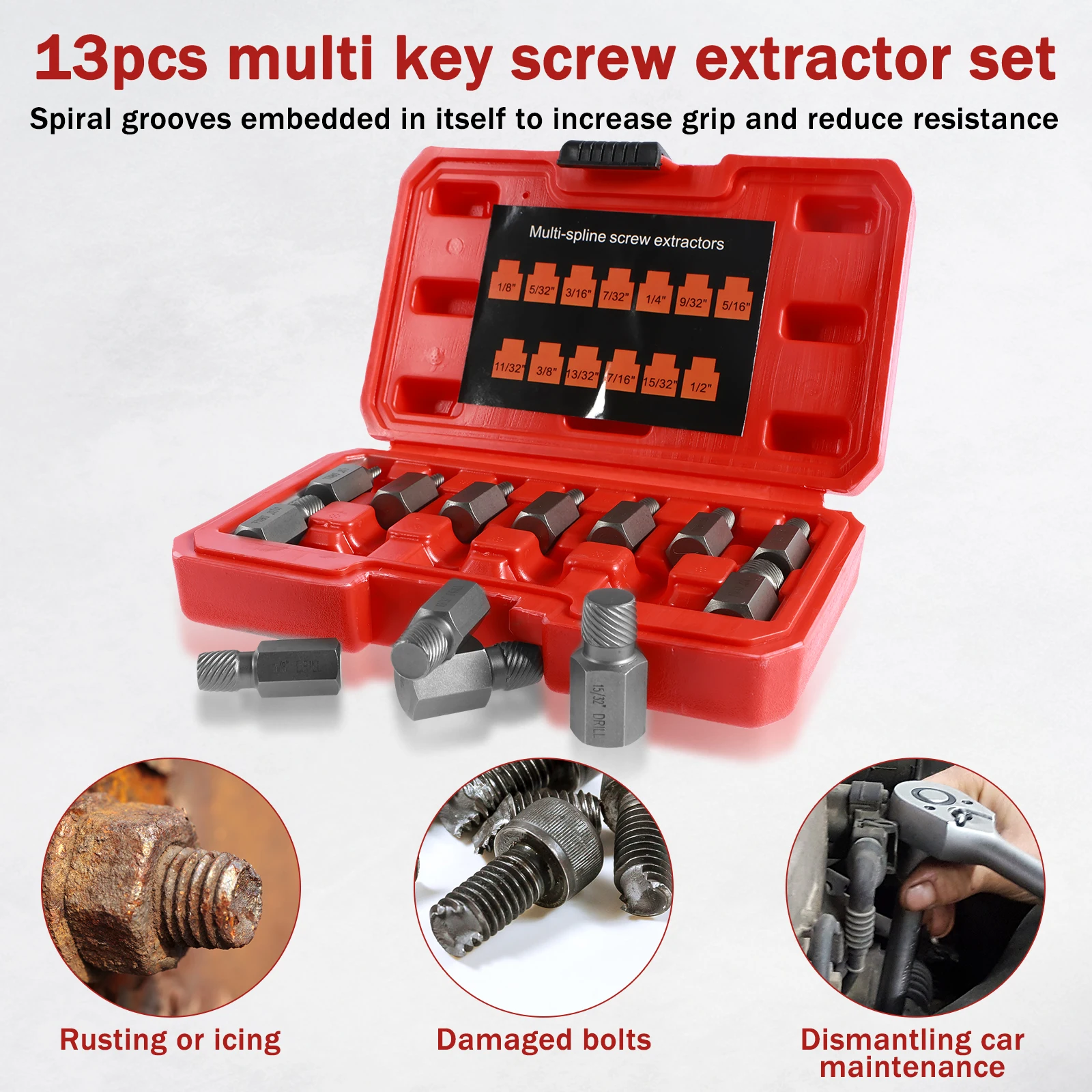 13Pcs Damaged Screw Extractor Set Broken Screw Remover Kit Easy Out Bolt Stud Extractor Chromium Molybdenum Steel Multi-Spline