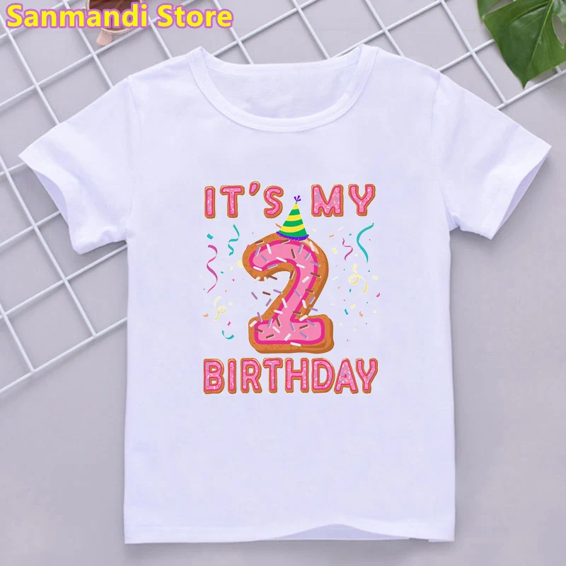 New 2th-10th Birthday Gift Graphic Tshirt for Girls Donuts Crown T Shirt Kids Clothes Summer Kawaii Children Clothing T-Shirt