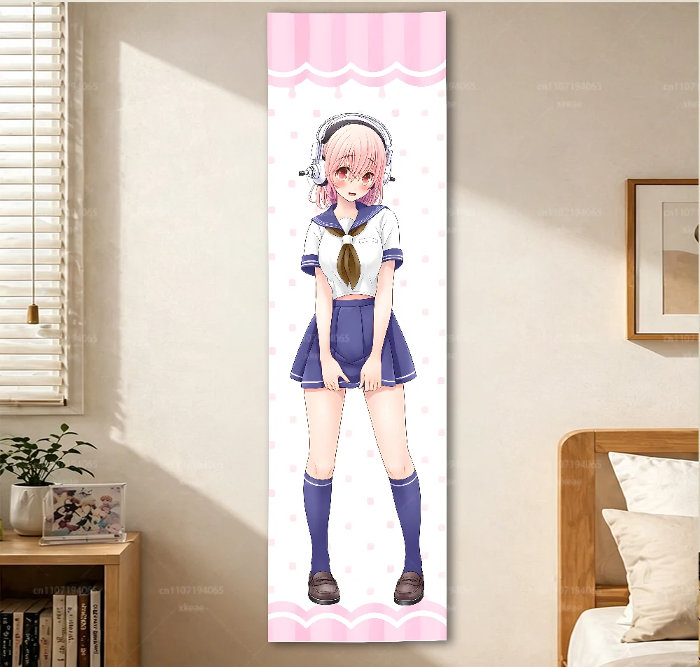 Super Sonico Long Vertical Tapestry, Anime Pink Hair Headphones Girl School Uniform Wall Hanging, Cherry Blossom Narrow Wall Art