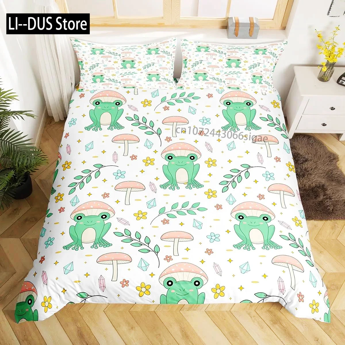 

Frog Duvet Cover Set Cute Kawaii Cartoon Frog Pattern King Queen Size Polyester Comforter Cover With Pillowcase For Kids Girls