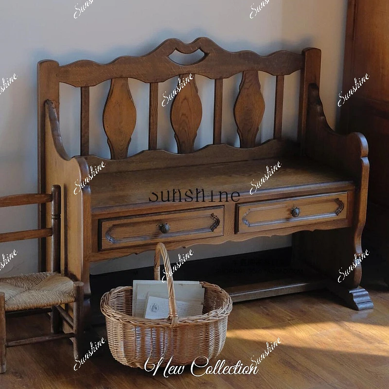 

Solid wood double sofa storage hollowed out retro photography cafe bench shoe changing stool chair FT