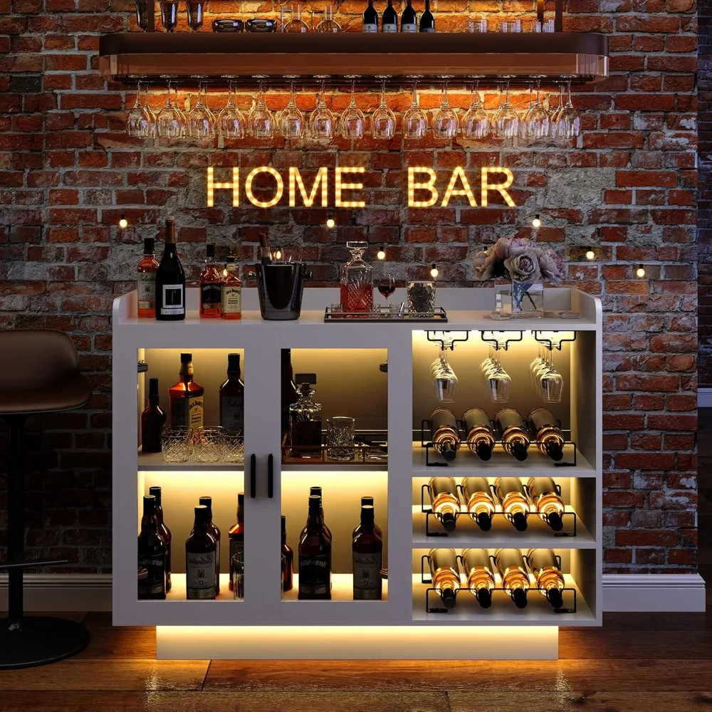 Weinbarschrank mit LED-Leuchten, 47er moderner weißer Spirituosenschrank für Zuhause mit großem Stauraum, Weinregalen und Glashol