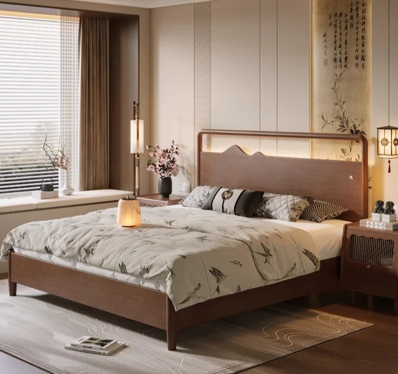 Solid wood double bed 1.8 meters household bedroom walnut bed