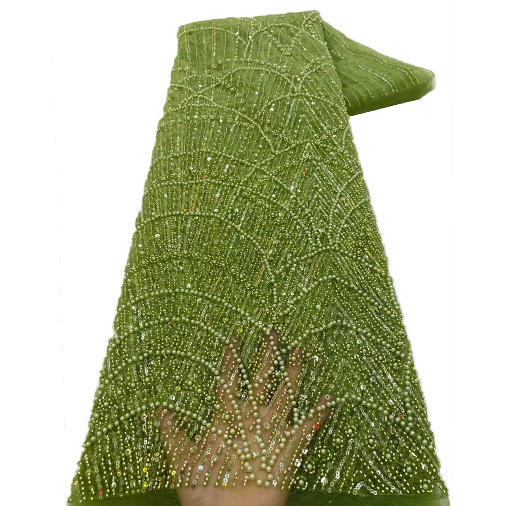 프랑스 튤 염색 비즈 레이스 원단 나이지리아 신상품 5야드 진주 스팽글 자수 비즈 레이스 원단 웨딩 드레스용