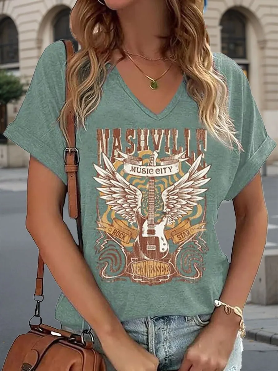 Women's Music Festival Letter Print T-Shirt, Vintage V-Neck Short Sleeve, Spring Summer