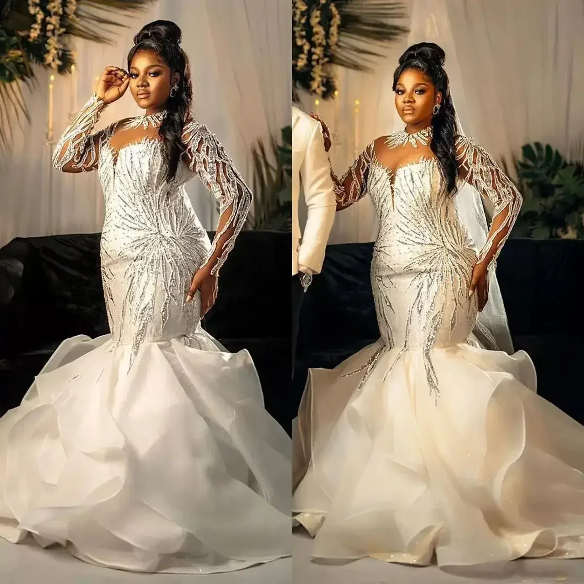 

Индивидуальный пошив свадебного платья «русалка» больших размеров, с пайетками, длинными рукавами, для невесты, 2023