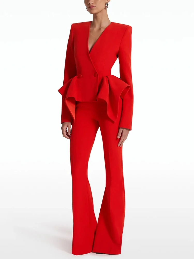 Women Pants Two Piece Sets  Sexy Red V Neck Ruffles Design Blazer + Flare Pants Set Single Button Jacket Set Party Evening Club