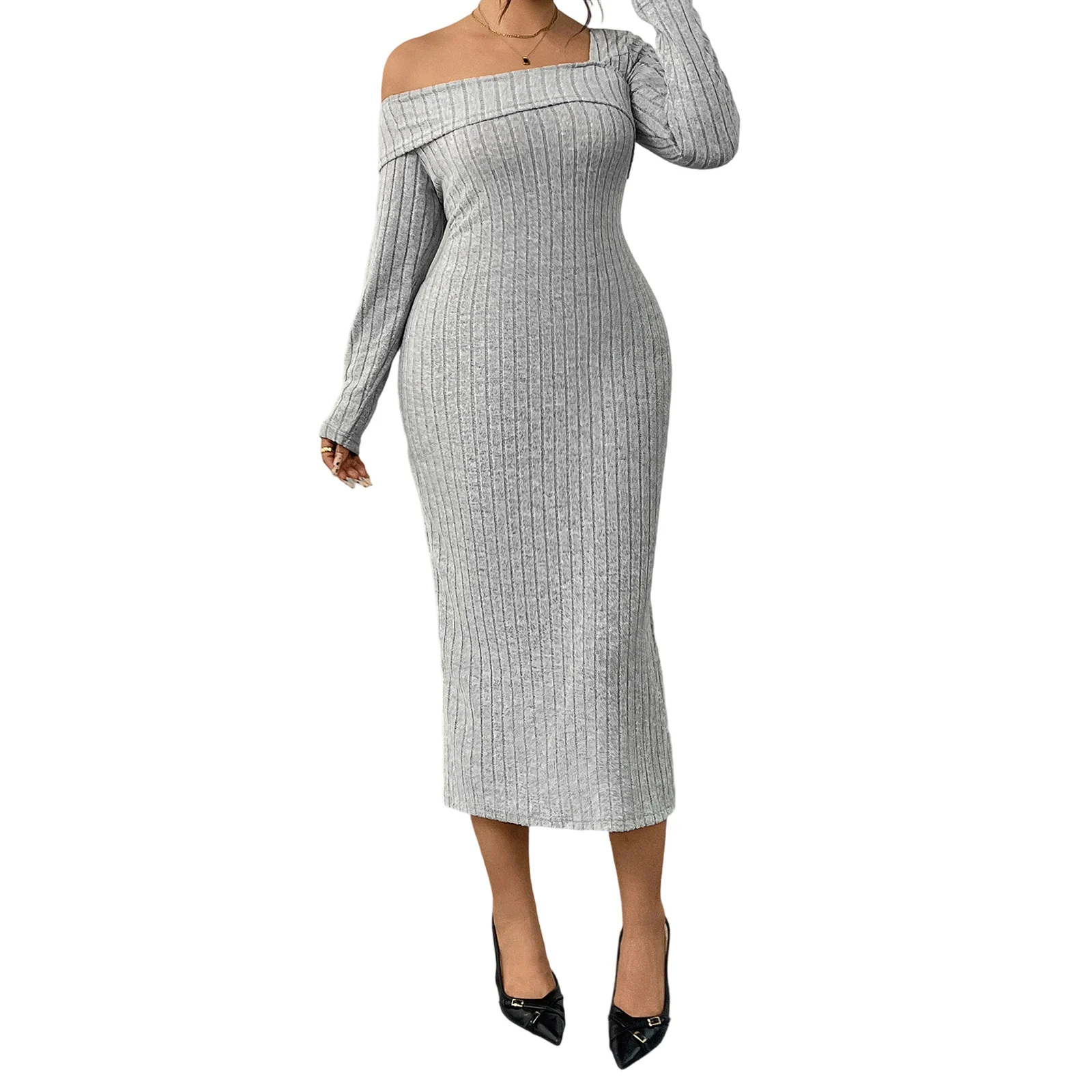 

Женское длинное платье больших размеров, модное, универсальное, однотонное, с длинными рукавами, с разрезом по низу, облегающее.