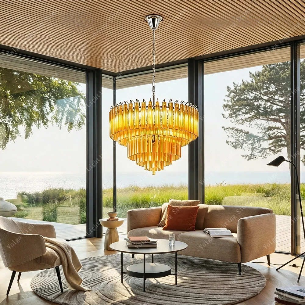 Home Upgrade Living Room Amber Crystal Pendant Lights, Luxury Vintage Glass Chrome Chandelier for Dining Room Foyer Decoration