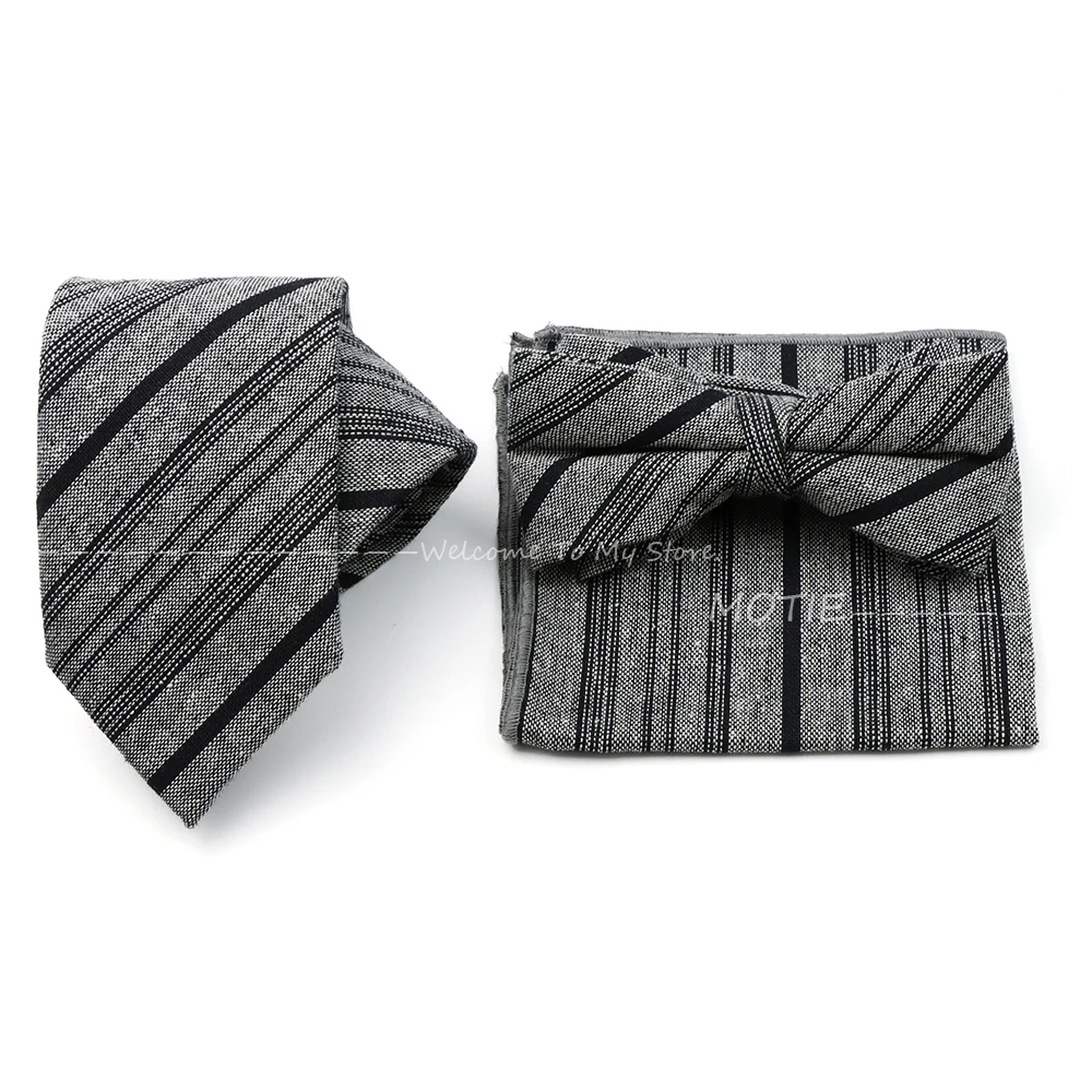 Hot sale Men's Cotton Striped Black Ties Handkerchiefs Bowties Set Necktie For Men Business Wedding Party Dress Accessories Gift