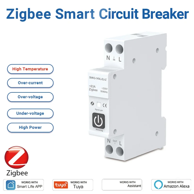 SQPP-TUYA 63A 1P+N Zigbee Smart Circuit Breaker With Metering Smart Home Wireless Remote Control Smart Life Alexa Home
