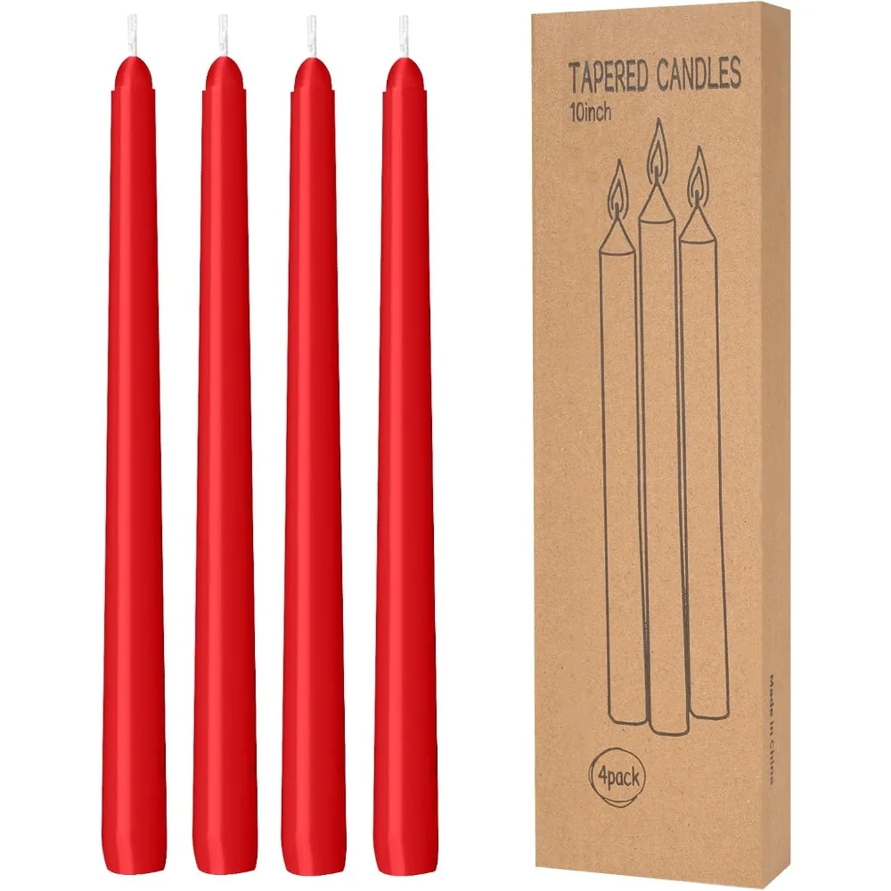 Velas cônicas vermelhas de 4 pacotes – Velas cônicas de 10 polegadas, sem gotejamento, sem fumaça e sem perfume, 8 horas de duração, vela alta com proteção manual