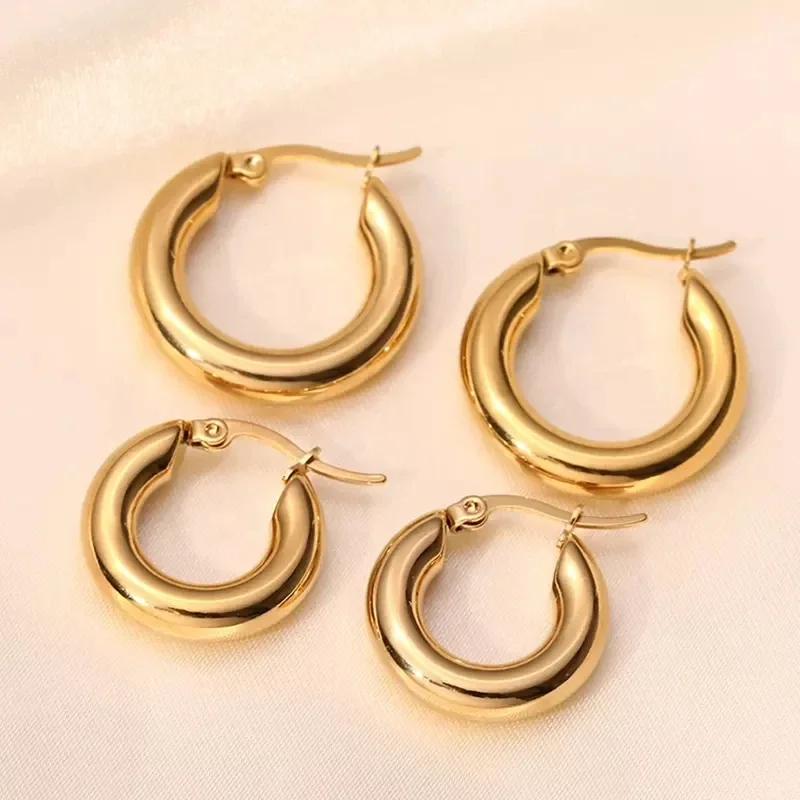 High End Minimalist Women Jewelry 18k Gold Plated Stainless Steel Hypoallergenic Chunky Thick Loop Hoop Earrings For Women