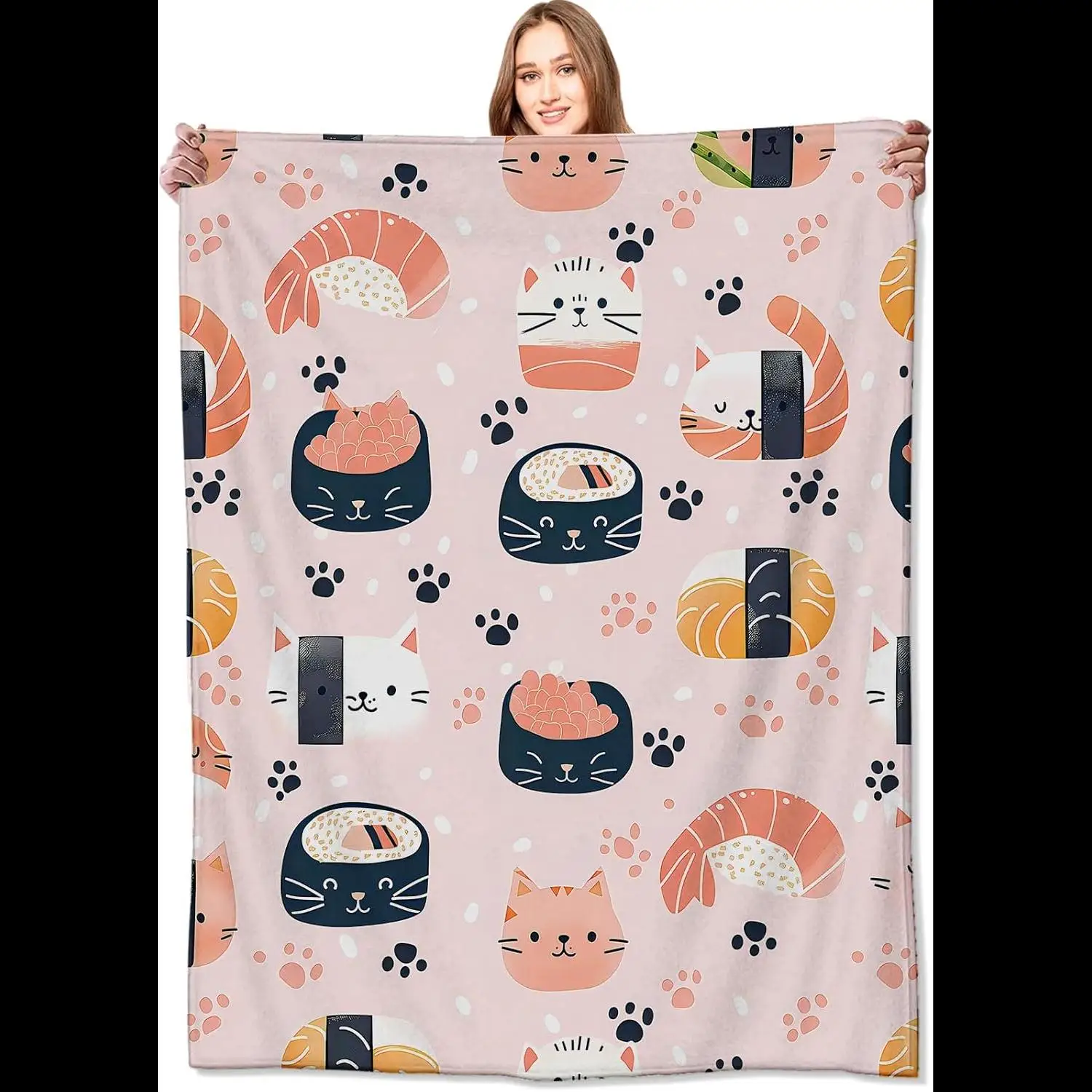 

Одеяло VODRM Sushi Cat, милое кавайное розовое одеяло из мягкого флиса для дивана-кровати, подарки на день рождения для детей и взрослых, любителей Foodie xin