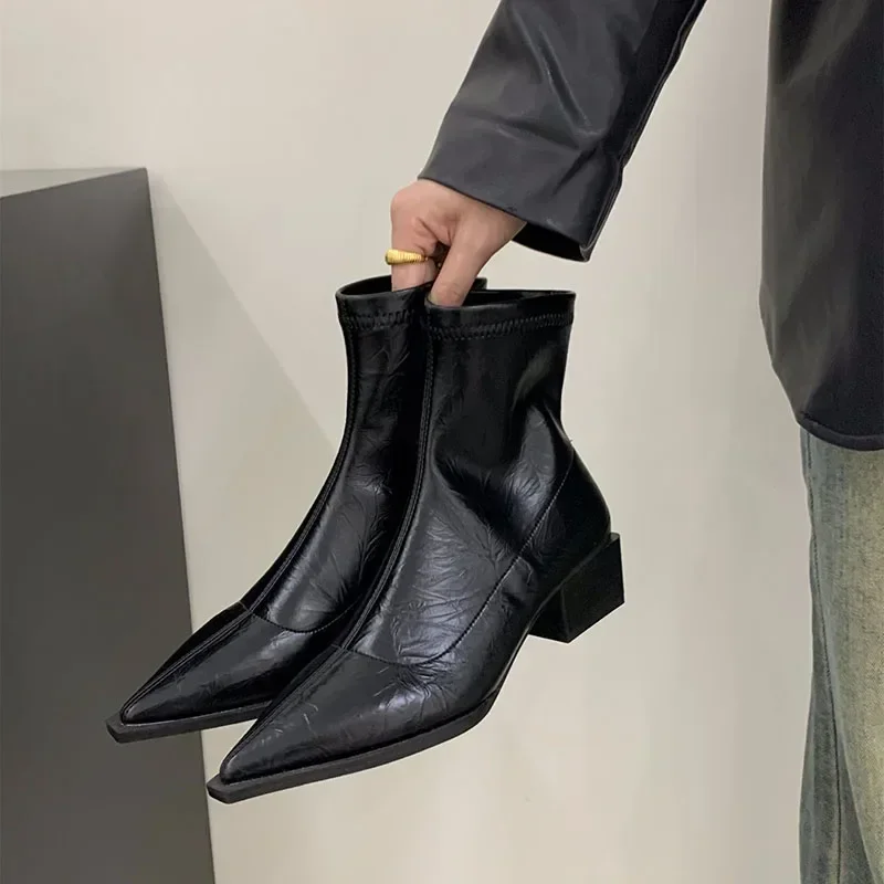Pointed Toe Women Slim Ankle Boots Fashion Square Low Heel Ladies