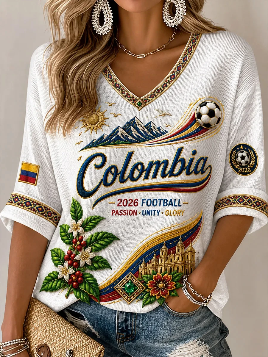 Nouveau Maillot de Foot 3D Imprimé Colombie 2026 pour Femme, T-shirt Assorti Famille, Idéal pour le Quotidien et l'Entraînement, Séchage Rapide