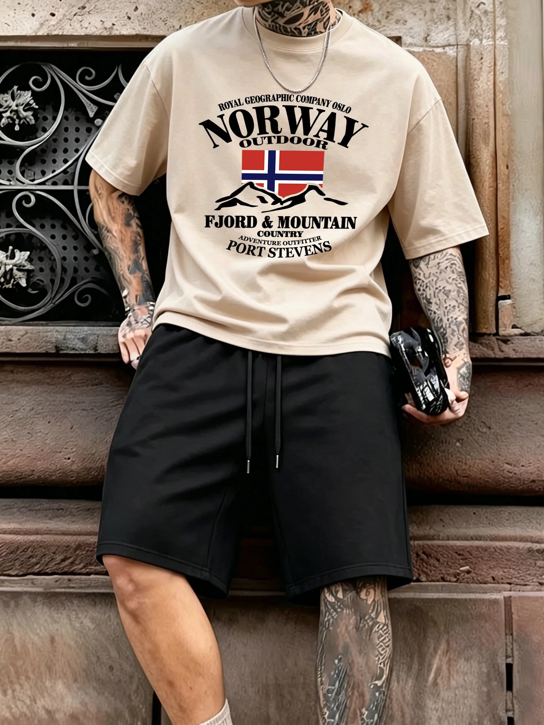

Norway Fjords And Mountains Pattern Cotton Summer Daily T-Shirt Set Man'S Street Gym Tees Oversized Shorts Beach Swimming Trunks