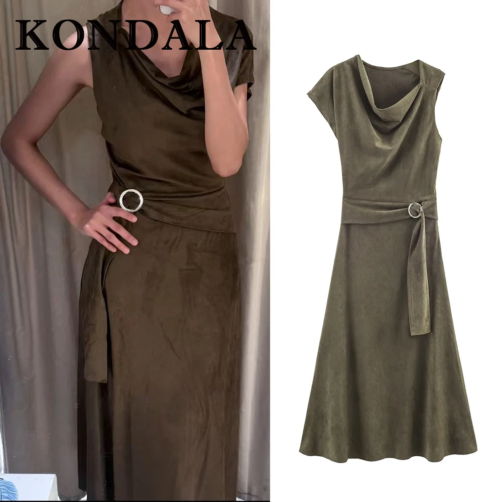 KONDALA 2025 الخريف الجلد المدبوغ الجيش الأخضر النساء فساتين غير المتماثلة أكمام فستان طويل غير المتماثلة مطوي موضة فساتين الإناث