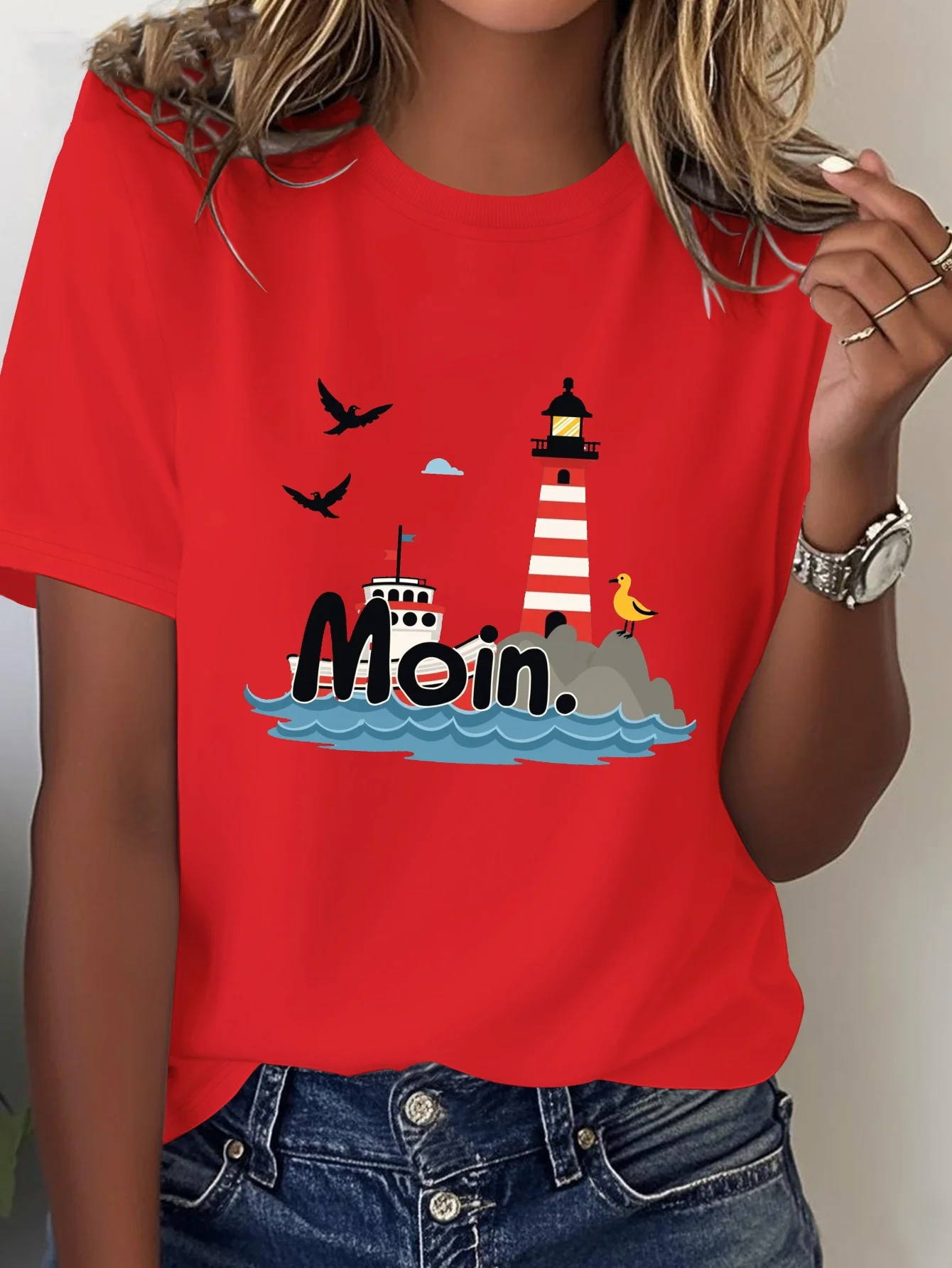 ملابس نسائية ألمانية منارة موين البحرية كاجوال برقبة دائرية وأكمام قصيرة هاراجوكو ملابس جمالية غير رسمية #2