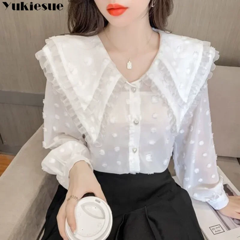 

Весенний новый французский винтажный корейский модный свободный кружевной женский топ с кукольным вырезом в стиле Харадзюку, элегантный эстетический топ с длинными рукавами