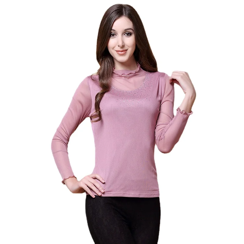 

Silk T-Shirt for Women with Diamond Mesh and Solid Color Design