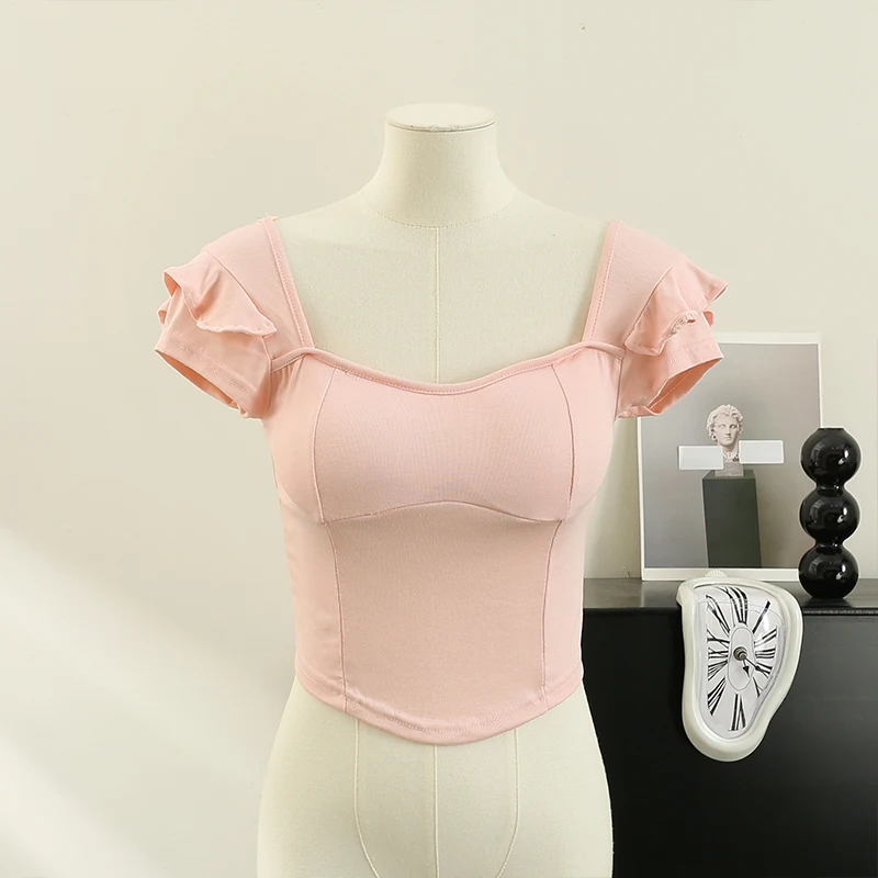 T Shirts For Women With Built In Bra T-shirt Femme Square Collar Solid Color Womens Tees Sweet Summer T Shirt Almighty Dropship