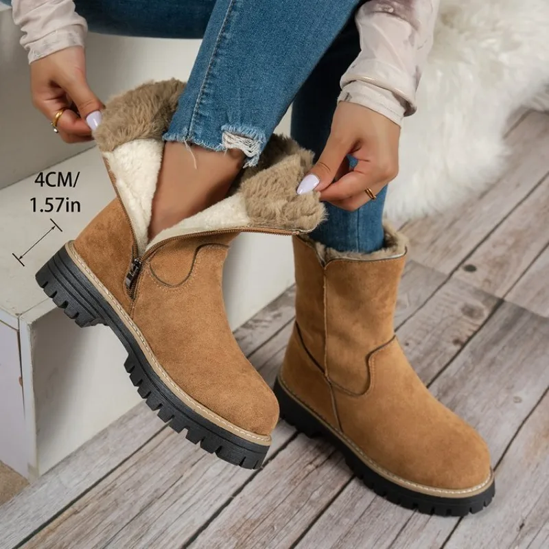 Women's Boots Round Toe Low Heel Suede-Look Texture Side Zipper Fuzzy-Look Collar Chunky Outsole Casual Footwear Classic Choice