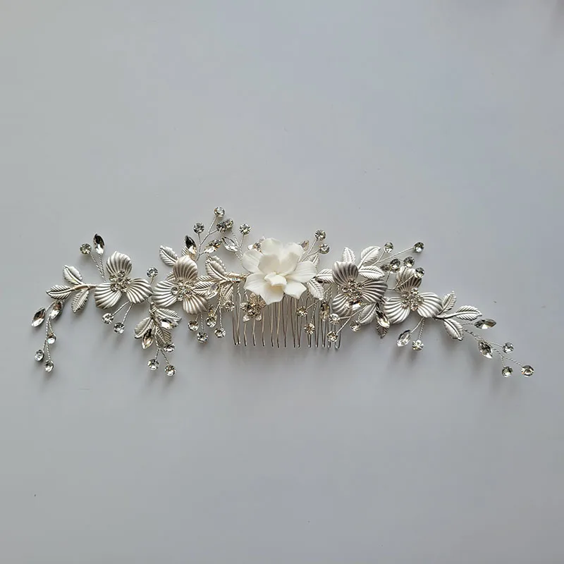 SLBRIDAL Handmade Ins Style Ceramic Flower Leaf Rhinestones Pearl Bridal Hair Comb Wedding Headband Hair Accessory Women Jewelry