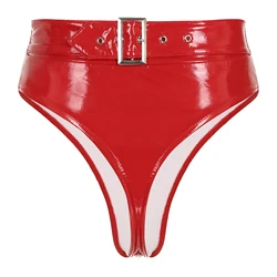 Womens High Waist Thongs Panties Patent Leather Briefs Underwear Wet Look Back Adjustable Buckle Belted Panties for Pole Dancing