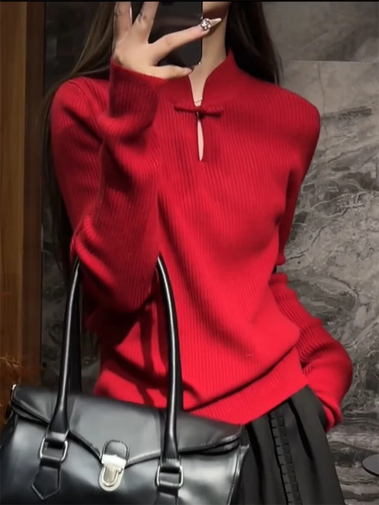 

Red Button up Knitwear Women's plus Size Faionable Slimming Versatile Top Design Sensation Autumn Winter New Arrival