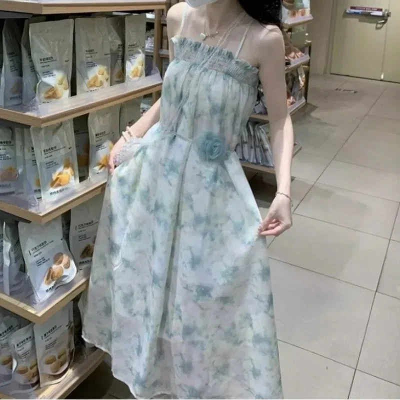 المرأة الصيف كشكش ثلاثية الأبعاد زهرة الدانتيل متابعة الحلو الجنية فستان الشاطئ التعادل صبغ طباعة مثير السباغيتي حزام بلا أكمام فضفاض فساتين متوسطة الطول #6