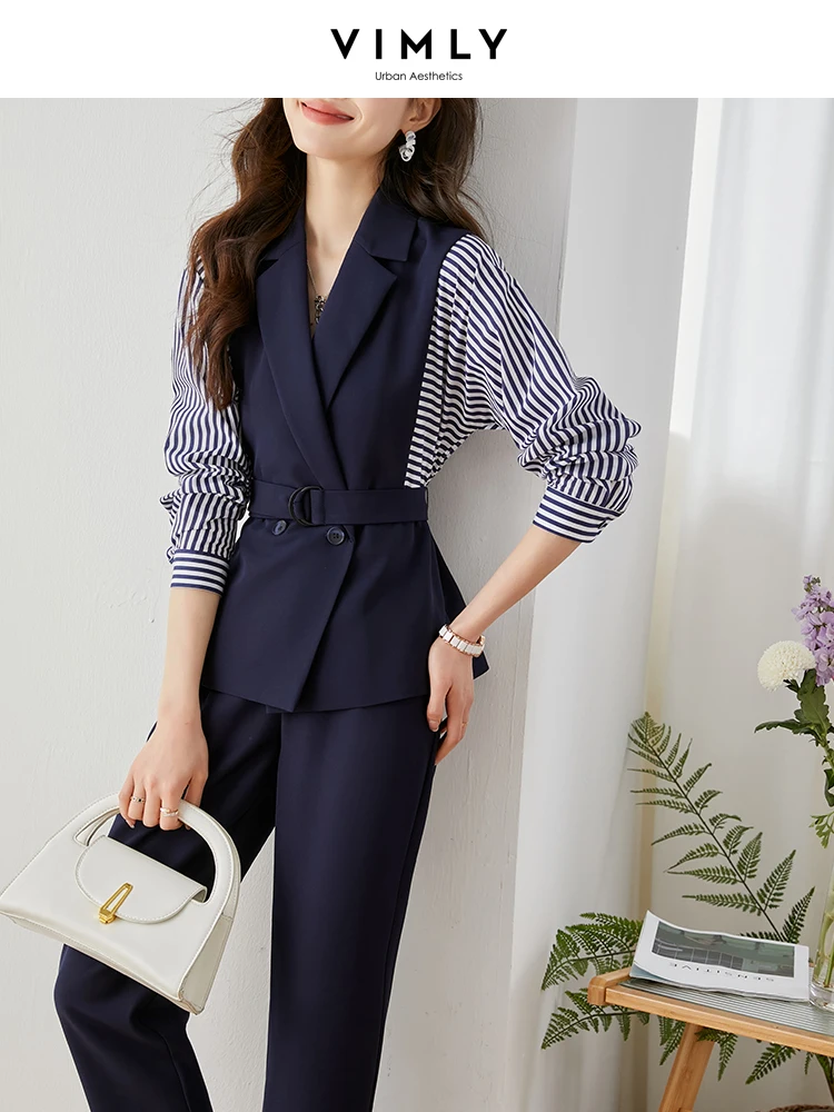 Vimly Spring Women\'s Suit Pant Sets 2023 Elegant Fashion Fake Two Piece Striped Shirt Slim Belted Blazers jacket Outfits V8059