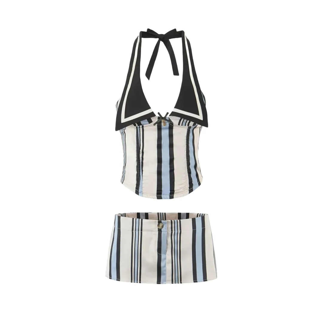 

Women Sleeveless Halter Neck Satin Nauti Girlfriend Stripe Corset Top
