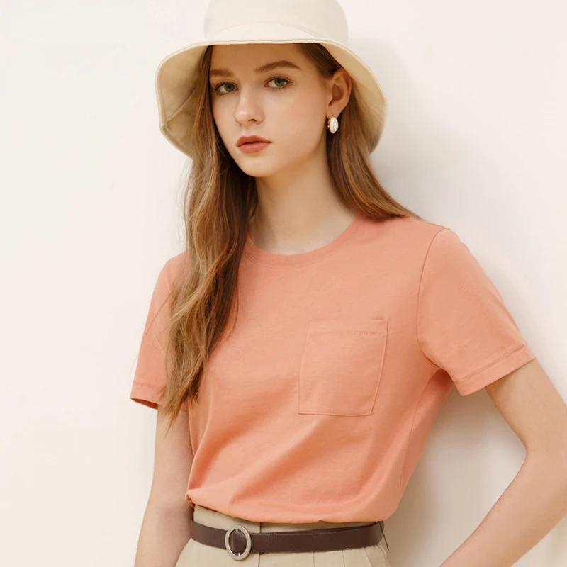 

Summer Cotton Short Sleeve T-shirts Women Solid Cotton Pocket Loose Relaxed OL Simple Top