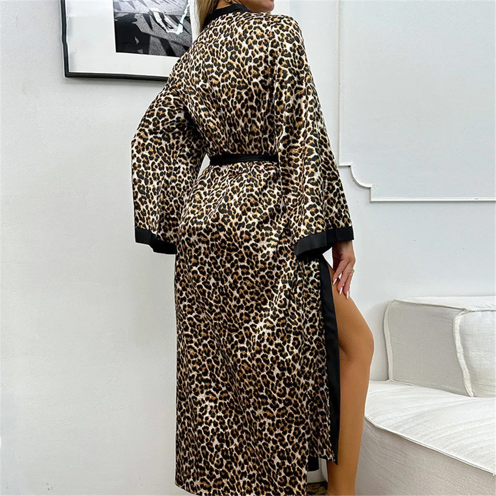 Leopard Print Women Long Robe Nightgown Retro Satin Sleepwear Kimono Bathrobe Gown Loose Home Wear