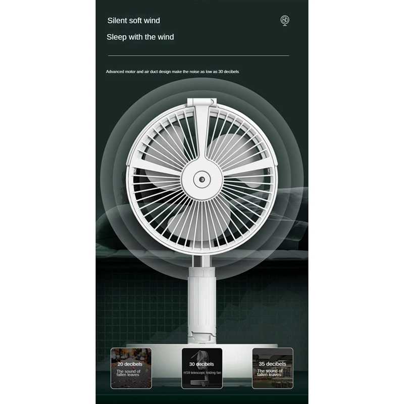 Portátil Folding Piso Retrátil Baixo Ruído Spray Fan, Bedroom Desk Cooling, Outdoor, Controle Remoto, 7200mAh, Verão