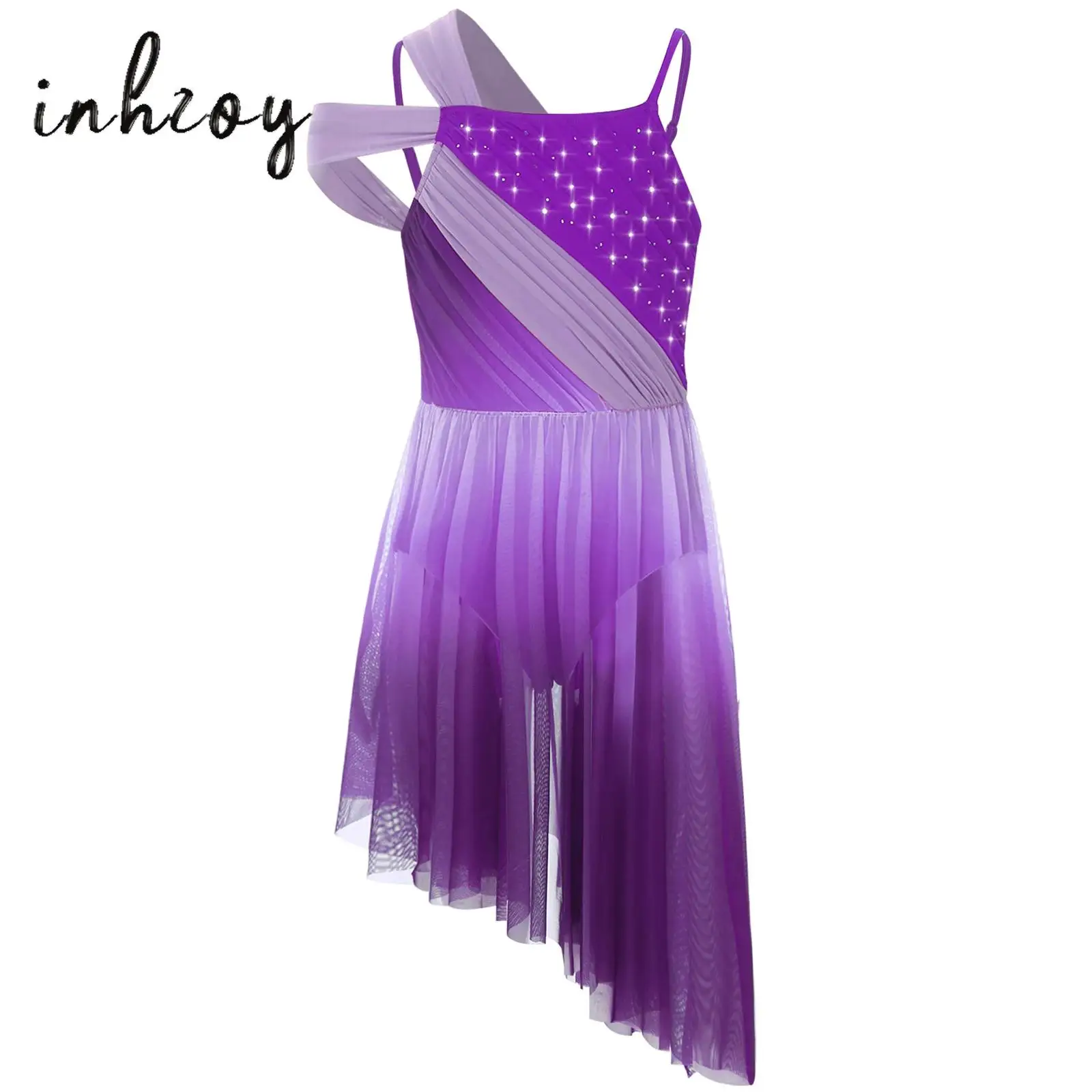 

Kids Girls Modern Lyrical Dance Dresses Gradient Asymmetrical Shiny Rhinestones Sheer Mesh Dress for Figure Skating Dancewear