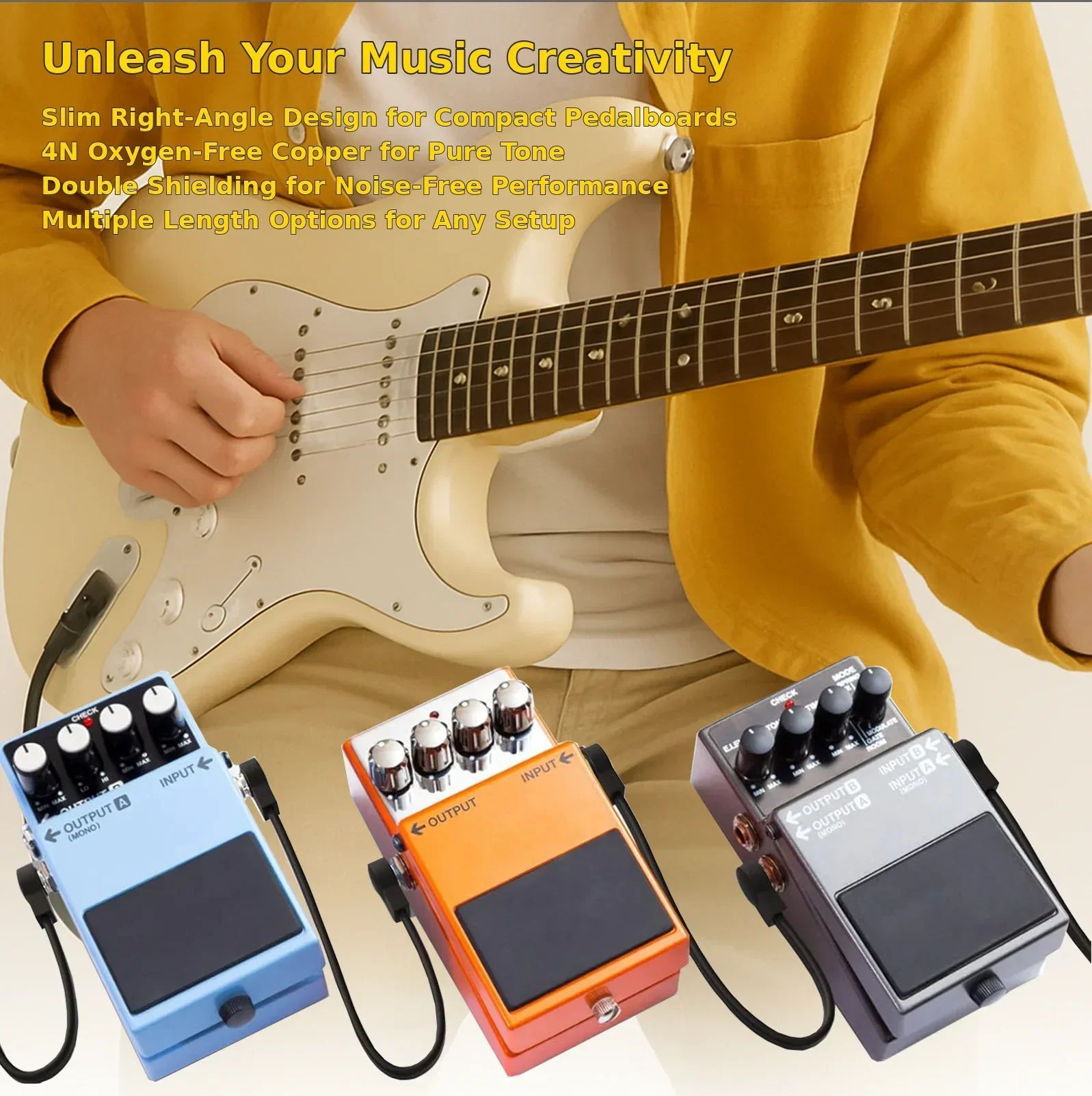 6.35mm 1/4 Inch Flat Patch Cable Right Angle Guitar Pedal Cable Slim L Shape Effects Pedalboard Jumper Cord, Low Noise Instru