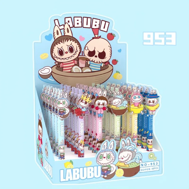 Cute Labubu Gel Pens 6pcs Prohibit Anxiety Series Kawaii 0.5mm Black Pen Cartoon School Student Office Stationery Birthday Giftk