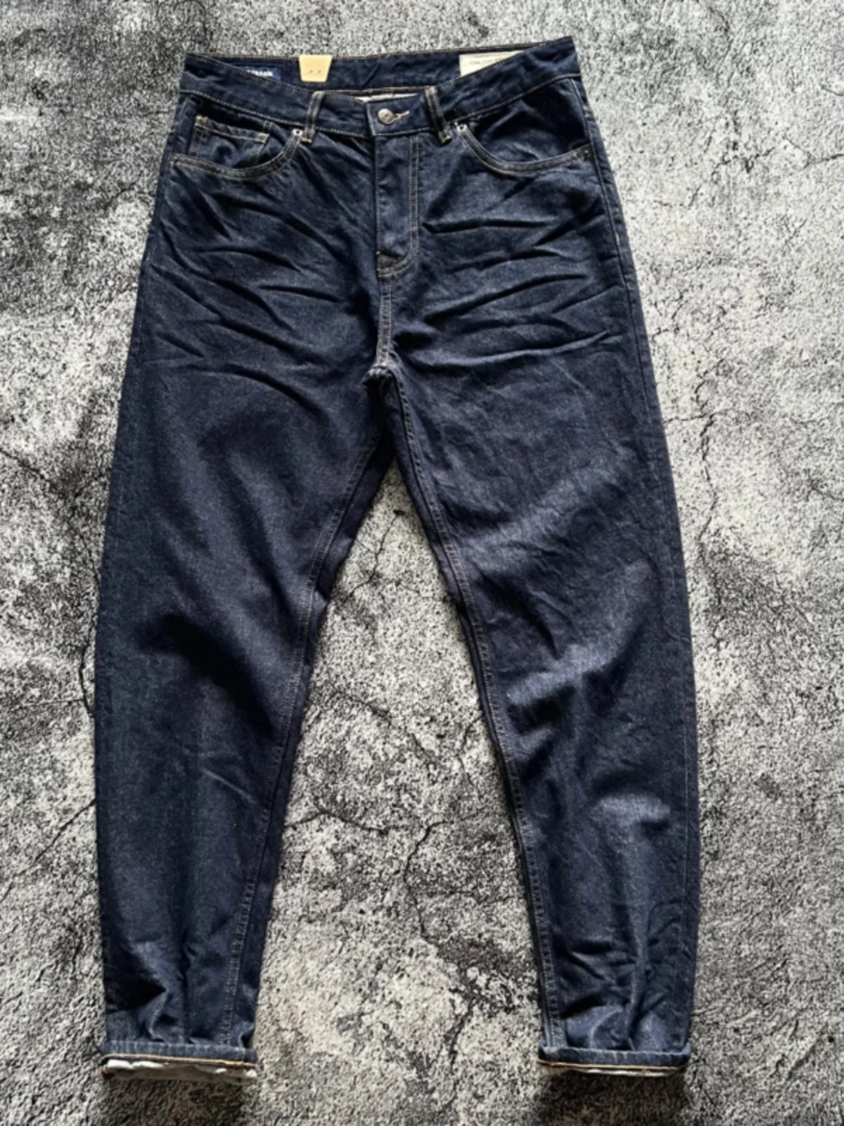 

Original Indigo Cotton Straight Leg Jeans Waed Crumpled Casual Deep Blue Retro Simple Leisure Trendy Men's Denim Pants