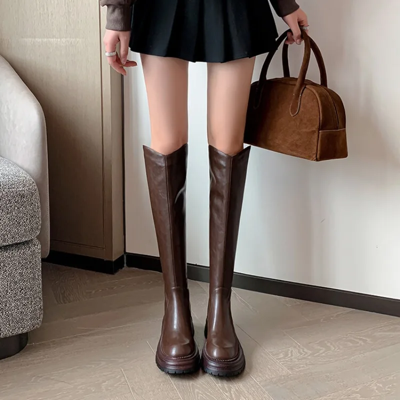 New Modern Boots Women Shoes for Women Genuine Leather Knee-High Square Heel Back Zip Round Toe Sexy Platform Boots Black Brown